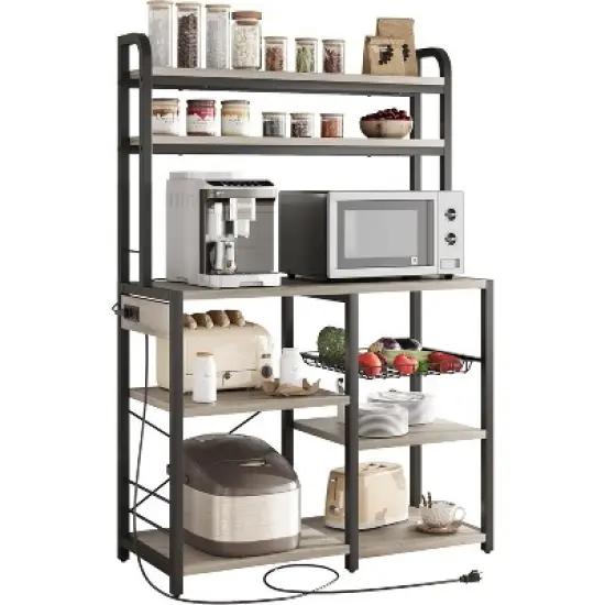 6-Tier Retro Bakers Rack with Power Outlet - Large Freestanding Kitchen Microwave Stand, Open Storage Shelves & Wire Basket, Utility Storage Shelf image {11}