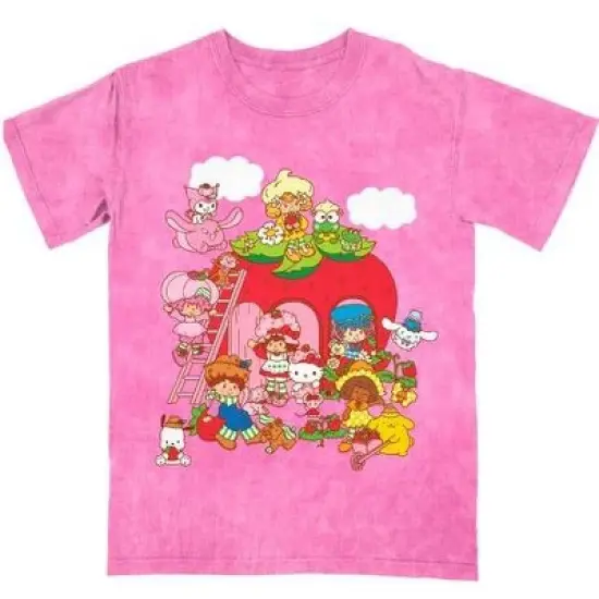 Hello Kitty X Strawberry Shortcake Strawberry House Women&rsquo;s Pink Mineral Wash Crew Neck Short Sleeve T-shirt image {1}