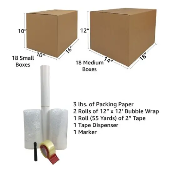 UBMOVE 36 Moving Boxes 2 Room Basic Moving Kit, Tape, Bubble, Packing Paper image {1}