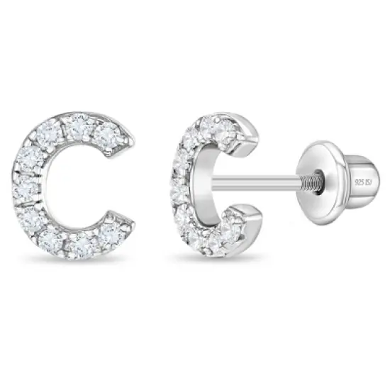 Girl's Cubic Zirconia Letter Initial Screw Back Sterling Silver Earrings - In Season Jewelry image {23}