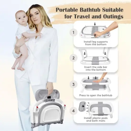 BabyBond Collapsible Baby Bathtub for Infant to Toddler, Portable Baby Bath Tub with Soft Cushion & Thermometer, Gray image {2}