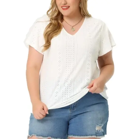 Agnes Orinda Women's Plus Size V Neck Eyelet Short Sleeve Casual Trendy Blouse image {6}