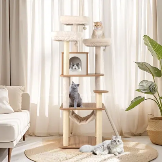 Tangkula 68" Large Cat Tower w/ 3 Padded Perches Condo Sisal Scratching Posts & Ramp image {2}