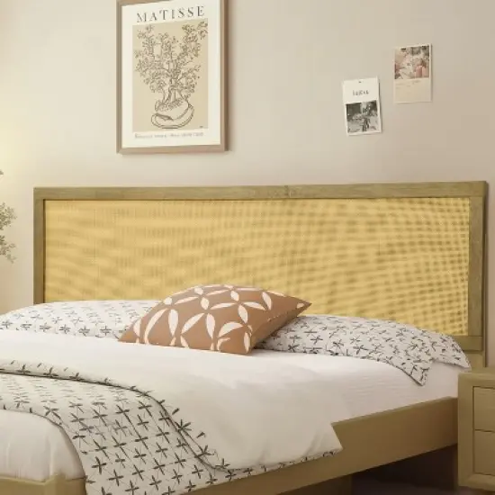 LuxenHome Natural Finish Rubberwood with Rattan Panel Headboard, Queen Brown image {2}