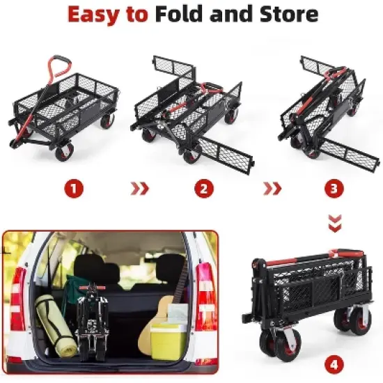 Acekool Foldable Steel Garden Cart, 360lbs Capacity, Removable Mesh Sides, 6" All-Terrain Wheels, 180&deg; Rotating Handle, Yard Utility Wagon image {3}