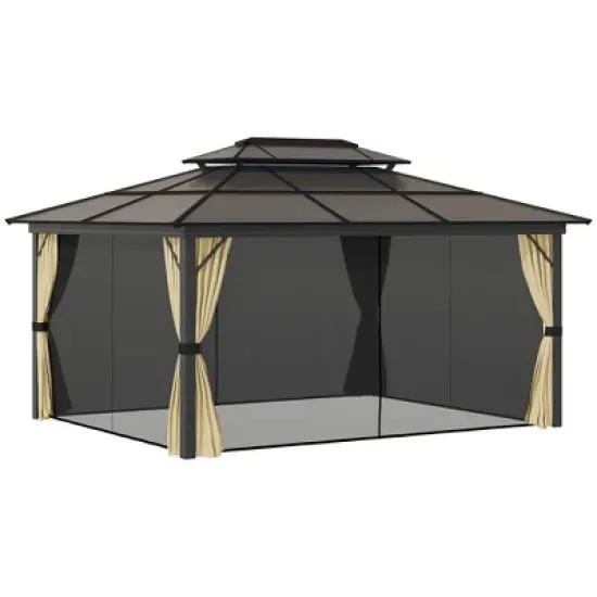 Outsunny 11x15 Hardtop Gazebo with Aluminum Frame, Polycarbonate Gazebo Canopy with Ceiling Hooks, Curtains and Netting, Beige image {3}