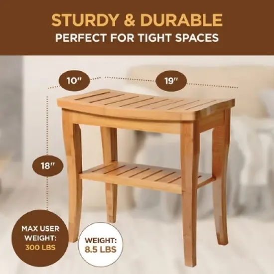 Bamboo Shower Bench, With Storage Shelf for Indoor or Outdoor Use Dimension: 10" x 19" x 18" image {3}