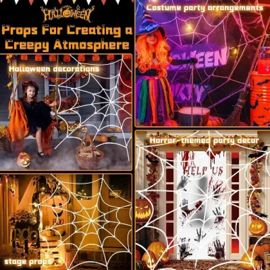 Spider Webs Halloween Decorations Outdoor, 10.5ft 7 Coils White Fake Spider Web, Wall Decor for Halloween Party image {3}