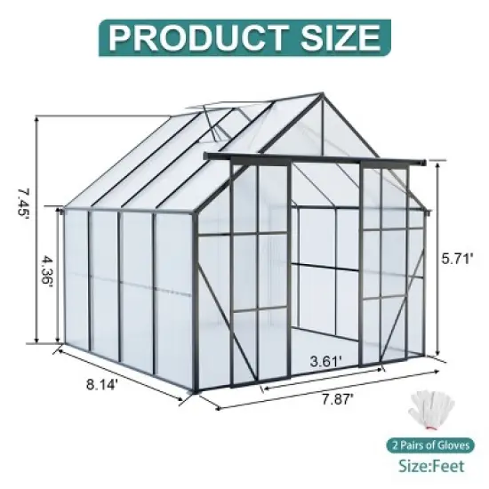 Outdoor 8x6 FT Greenhouse, Double Door Polycarbonate Greenhouse, Heavy Duty Greenhouse with Aluminum Frame and Roof Vent-Coolbibila image {6}