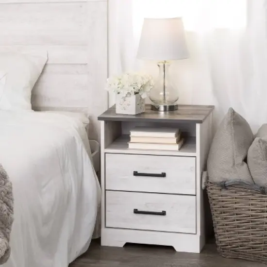 Prepac Rustic Ridge Farmhouse Nightstand with 2 Drawers and Open Cubby Washed White image {7}