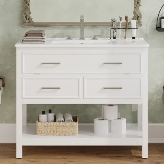 Christopher Knight Home Lowell Contemporary 36" Bathroom Vanity with Ceramic Sink, Tip-Out Tray, 2 Drawers and Open Shelf image {10}