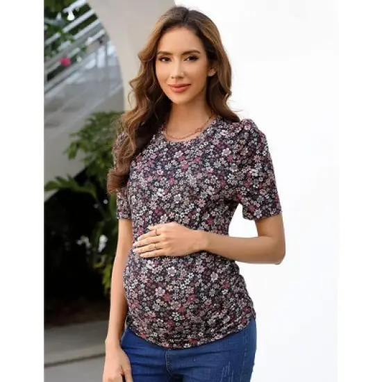 Coolmee Women Summer Maternity Shirts Puff Short Sleeve Floral Print Round Neck Tunic Top Casual Pregnancy Clothes image {3}