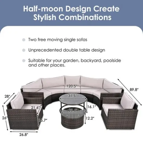 9-Piece Outdoor Patio Wicker Half-Moon Sectional Sofa Set with Nesting Coffee Table and 2 Armchair image {3}