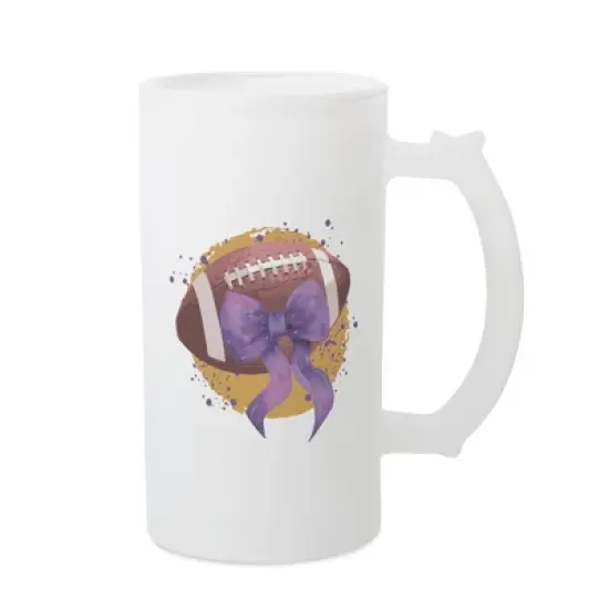 Elanze Designs Freezable Beer Stein Mug With Thumb Grip Handle, 16 Ounce Frosted Glass, Football With Purple Bow image {1}