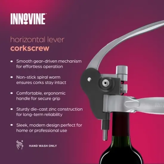 Innovine Horizontal Lever Corkscrew, Durable Die-Cast Zinc Construction Wine Opener with Non-Stick Spiral Worm, Perfect for Home Bar, Set of 1 image {1}