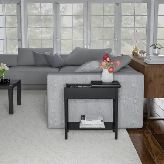 Hastings Home Flip-Top End Table With Hidden Hinged Storage Compartment and Lower Shelf - Matte Black image {4}