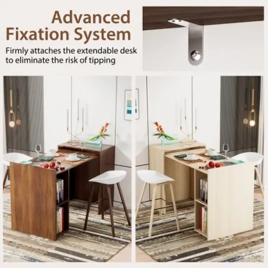 Costway Extendable Computer Desk Reversible Study Writing Desk w/ Mobile Shelves Natural/Brown image {7}