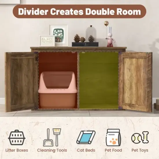 Tangkula Cat Litter Box Enclosure w/ Double Barn Doors Removable Divider Middle Entry image {6}