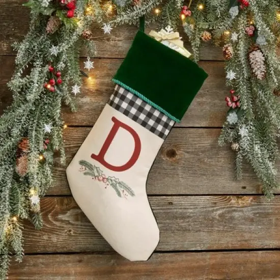 Personalization Mall Festive Foliage Initial Christmas Stocking, Green image {1}