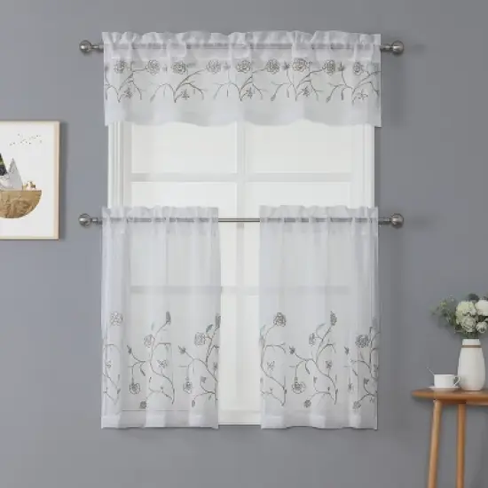 Kate Aurora Complete 3 Piece Embroidered Shabby Floral Roses Sheer Cafe Kitchen Curtain Tier & Valance Set image {4}
