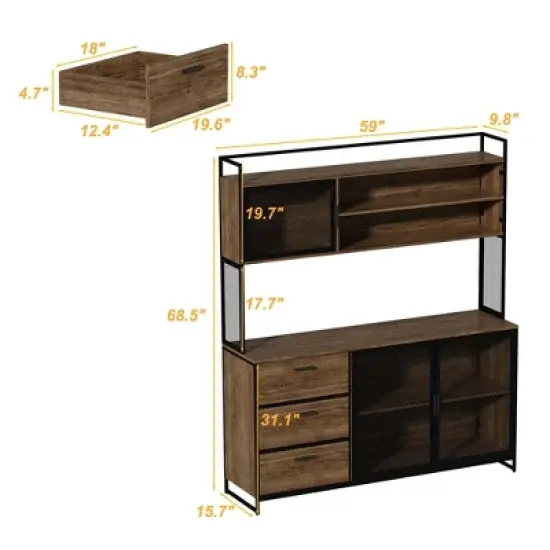 Famapy 59 in. W Kitchen Wood Buffet Sideboard Pantry Cabinet For Dining Room with Metal MDoors 3-Drawers Shelves image {3}