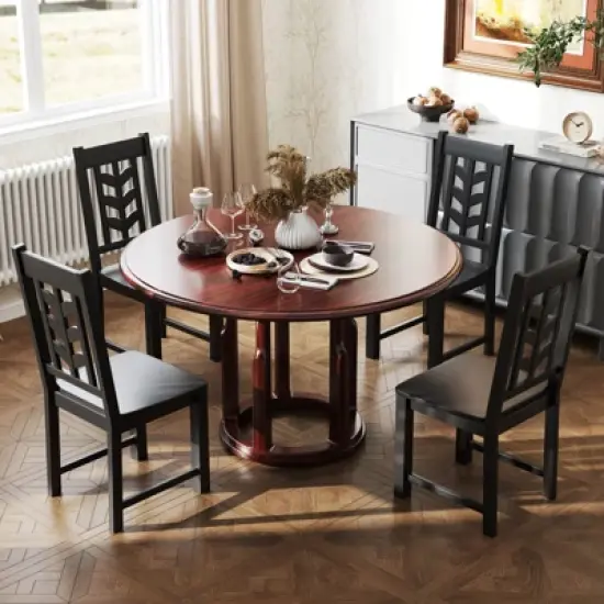 Costway Dining Chair Set of 2/4 with Rubber Wood Frame & Leaf-shape High Back for Kitchen Brown/Black/Cream White image {3}