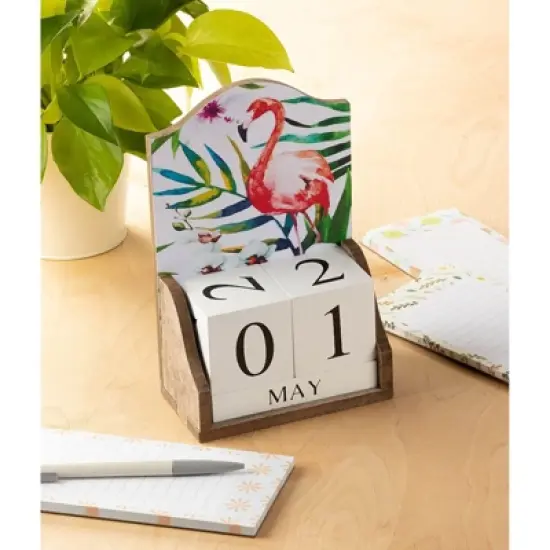 Wooden Desk Calendar - Wooden Block Perpetual Calendar for Home and Office Desk Decor, Flamingo Design, 5.5 x 8.75 x 3 inches image {1}