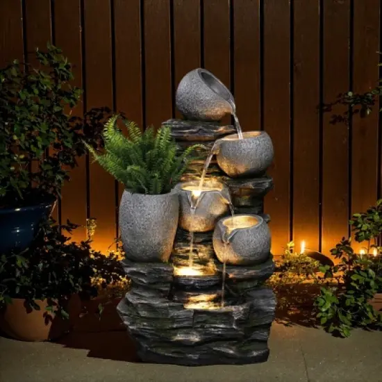 LuxenHome 30" Garden Water Fountain, 4 Tiers Cascading Pots & Rock Cascading Waterfall Fountain Outdoor with LED Lights Gray image {2}