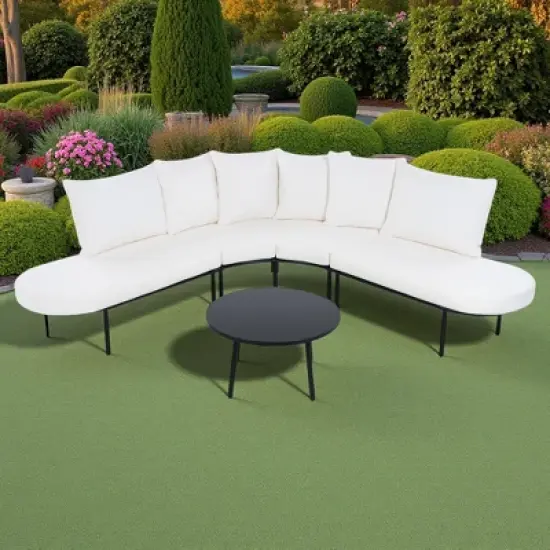 Outdoor Patio Iron Curved Sectional Sofa Set with Coffee Table and Cushions image {10}