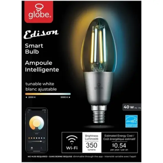 Smart 40W Equivalent Vintage Filament Tunable White LED Wi-Fi Enabled Voice Activated B11 E12 Light Bulb image {6}