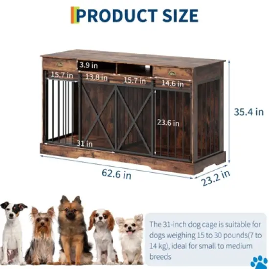 63'' Extra Large Double Dog Crate with Removable Divider, Heavy Duty Dog Kennel Furniture with 2 Drawers, Indoor Pet Cage TV Stand for 2 Pets, Brown image {2}