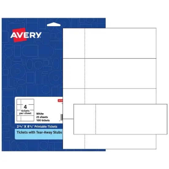 Avery Printable Tickets with Stubs, 2-3/4" x 8-1/2", Laser/Inkjet, 100 Blank Tickets (16430) image {8}