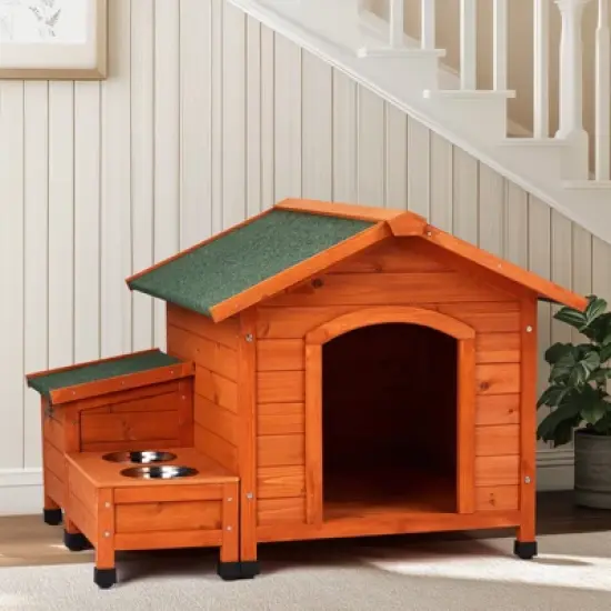 phiestina Wooden Feral Dog House, 32"x34.5"x29.5", with Food Bowl & Storage Bucket for Indoor/Outdoor Use image {14}