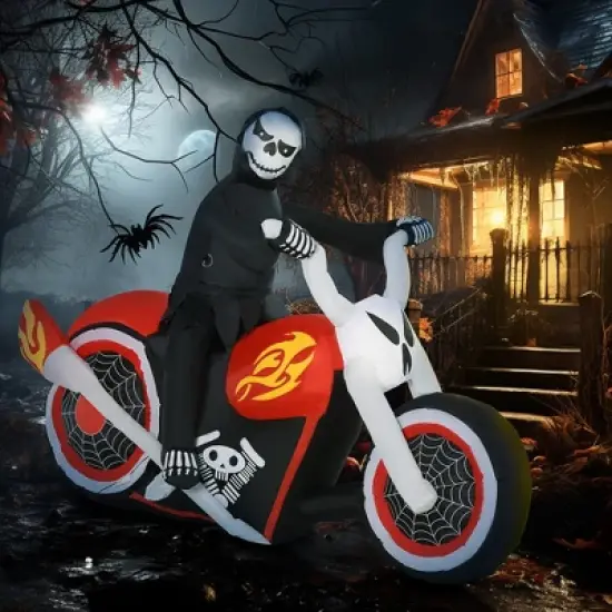 HOMCOM 70.75" Long Inflatable Halloween Grim Reaper Flaming Motorcycle Lighted Outdoor Garden Yard Party Decoration image {2}