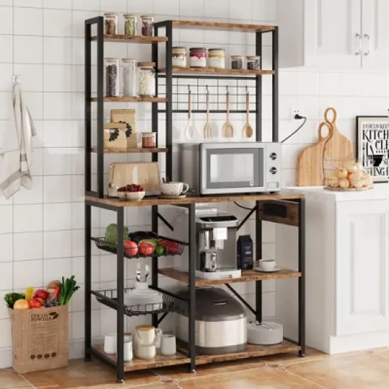 Bakers Rack with Power Outlets & Hooks, Industrial Microwave Stand with Storage, Slim Coffee Bar Station Kitchen Shelves for Small Spaces image {6}