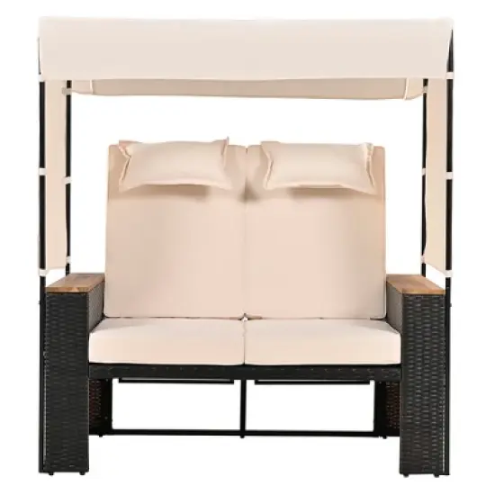 2-Piece Outdoor Patio Rattan Canopy Daybed Sunbed with 5 Positions Adjustable Backrest and Storage Bench image {8}