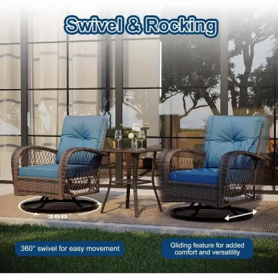 3 Pieces Outdoor Swivel Patio Rocking Chairs, Outdoor Wicker Patio Furniture, 2 Glider Chairs & Side Table, for Backyard, Garden, Balcony, Deck image {5}