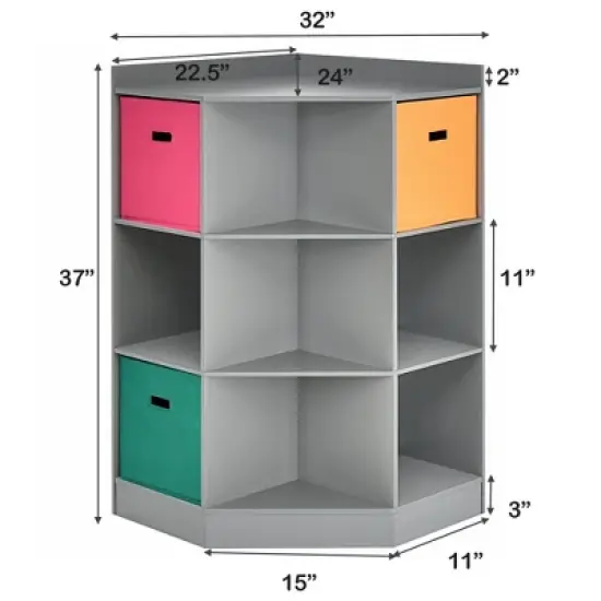 Costway 3-Tier Kid Storage Shelf Cubes w/3 Baskets Corner Cabinet Organizer Gray image {1}