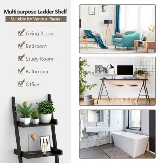 Costway 3 Tier Leaning Rack Wall Ladder Book Shelf Bookcase Storage Display Multipurpose image {3}