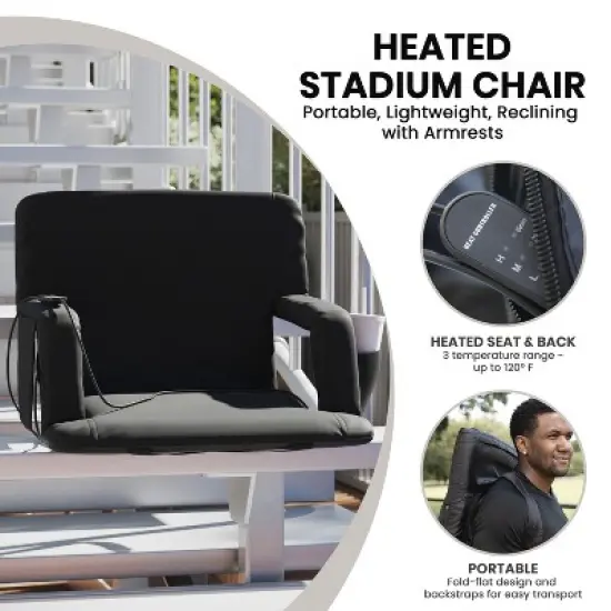 Emma and Oliver Extra Wide Foldable Reclining Heated Stadium Chair with Backpack Straps - Black image {8}