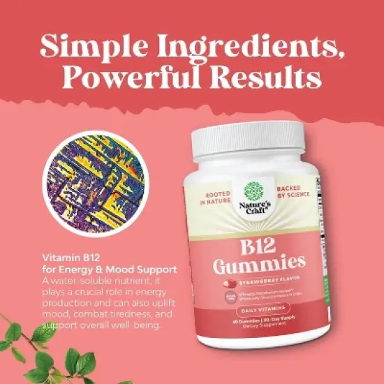 B12 Gummies, Sugar Free Vitamin B12 for Adults Energy, Focus, Immunity, & Nerve Support, Strawberry Flavor, Nature's Craft, 60ct image {3}