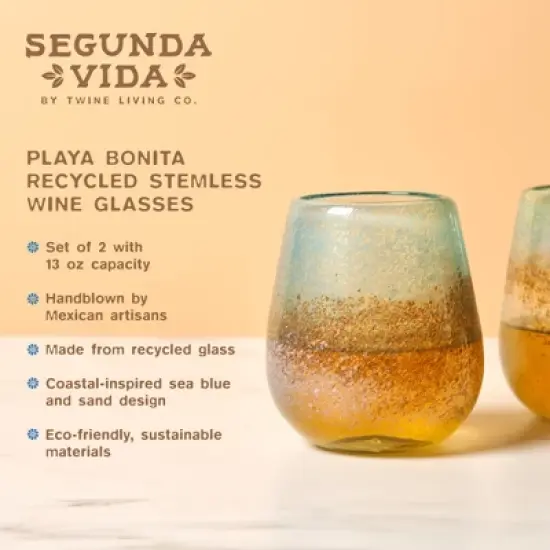 Twine Living Playa Bonita Stemless Wine Glasses, Recycled Drinking Glass, Coastal Inspired Sea Blue and Sand Design, 13 oz, Set of 2 image {1}