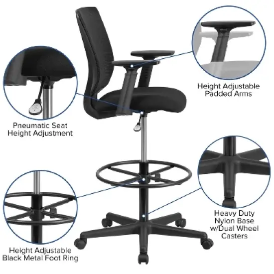 Flash Furniture Ergonomic Mid-Back Mesh Drafting Chair with Black Fabric Seat, Adjustable Foot Ring and Adjustable Arms image {2}