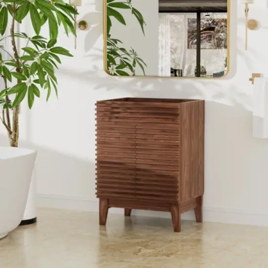 ROOMTEC 24 in. Bathroom Vanity, Mid-Century Cabinet with 2 Soft-Close Doors, Freestanding, Wood Grain Laminate, Walnut (Sink Not Included) image {2}