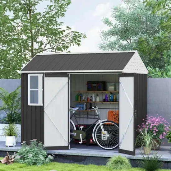 Resenkos Storage Garden Shed,Garden Sheds,8' x 6' Metal Garden Storage Shed w/ Doors, Window and Air Vents, Dark Gray image {5}
