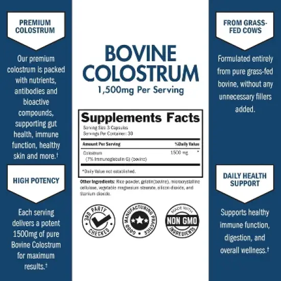 Bovine Colostrum Supplement, Grass Fed Colostrum Capsules from Bovine First Milking,  Supports Gut Health & Immunity, Bioschwartz, 90ct image {2}