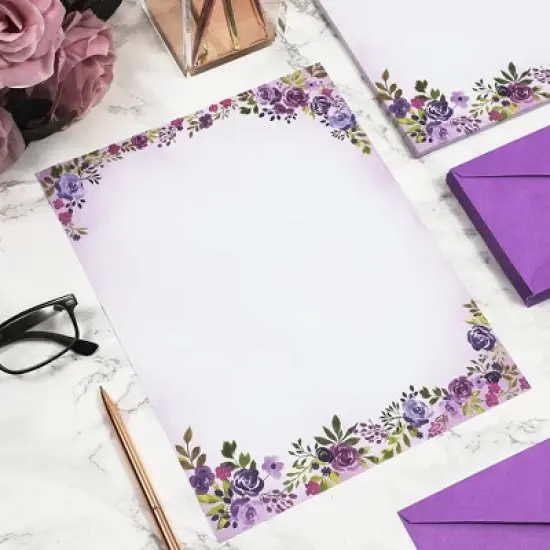 Pipilo Press 48 Pack Purple Watercolor Floral Stationery Paper and Envelopes Set, 8.5" x 11" image {1}