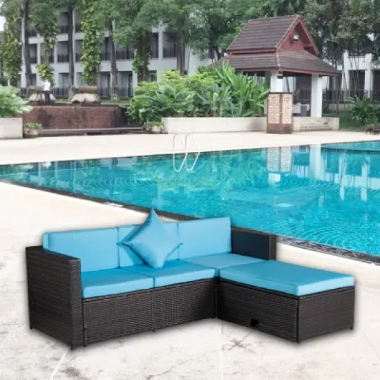 4pc Wicker Patio Sectional Seating Set with Cushions - Brown/Blue - GODEER image {3}