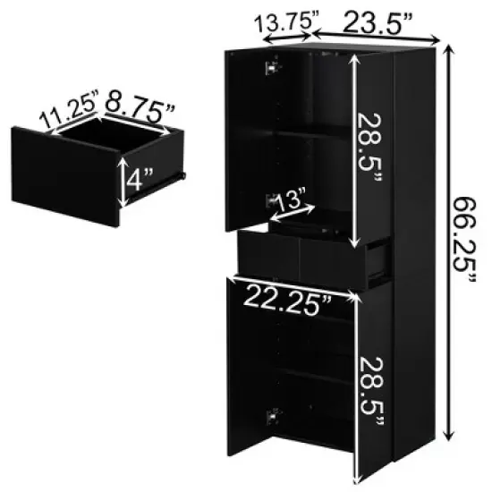 Basicwise 66" Kitchen Pantry Cabinet with 4 Doors, 3 Adjustable Shelves, 2 Cabinets with 1 Drawer &ndash; Elegant Freestanding Farmhouse Storage image {3}