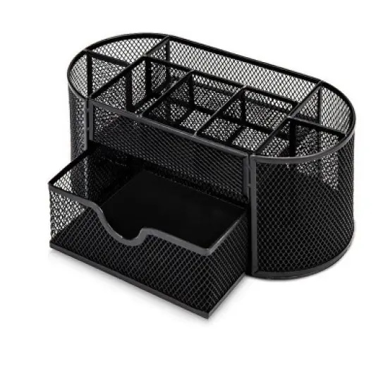 Aghana Digitals 8-Compartment Metal Mesh Desk Organizer with Drawer - Black Stationery Holder image {3}